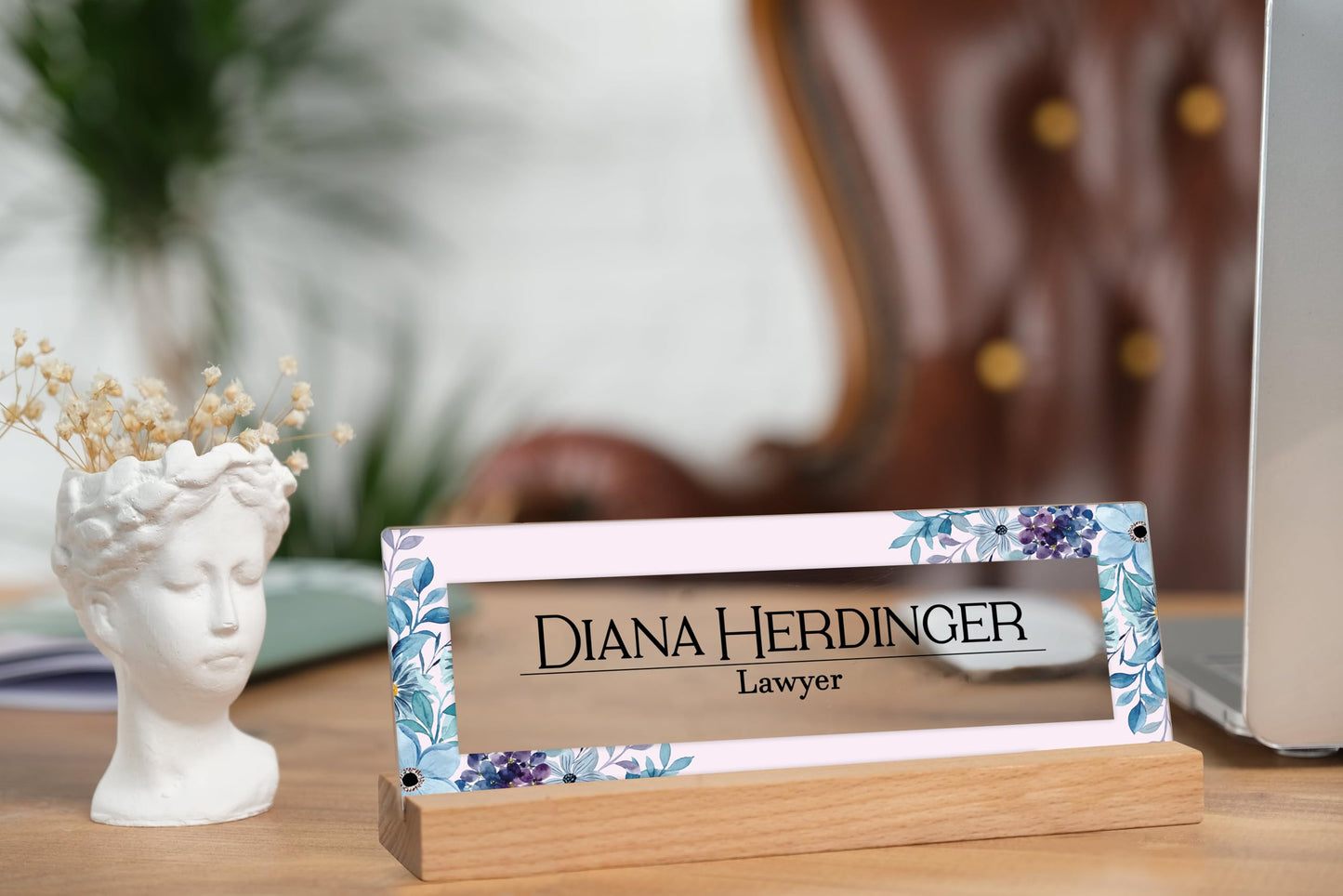Personalized Desk Nameplate, Custom Acrylic Office Sign for Him Boss, Professional Name Plate for Coworkers, Custom Gift Idea for Office, New Job Gift, Coworker Gift, Phd Gift (Flower Design-1)