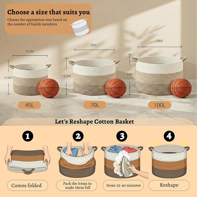 Artfeel 70L Large Cotton Rope Basket, Decorative Woven Blanket Storage for Living Room, Boho Toy Storage & Toy Box for Kids, Versatile Laundry Basket & Nursery Hamper for Blankets(BrownYellow)