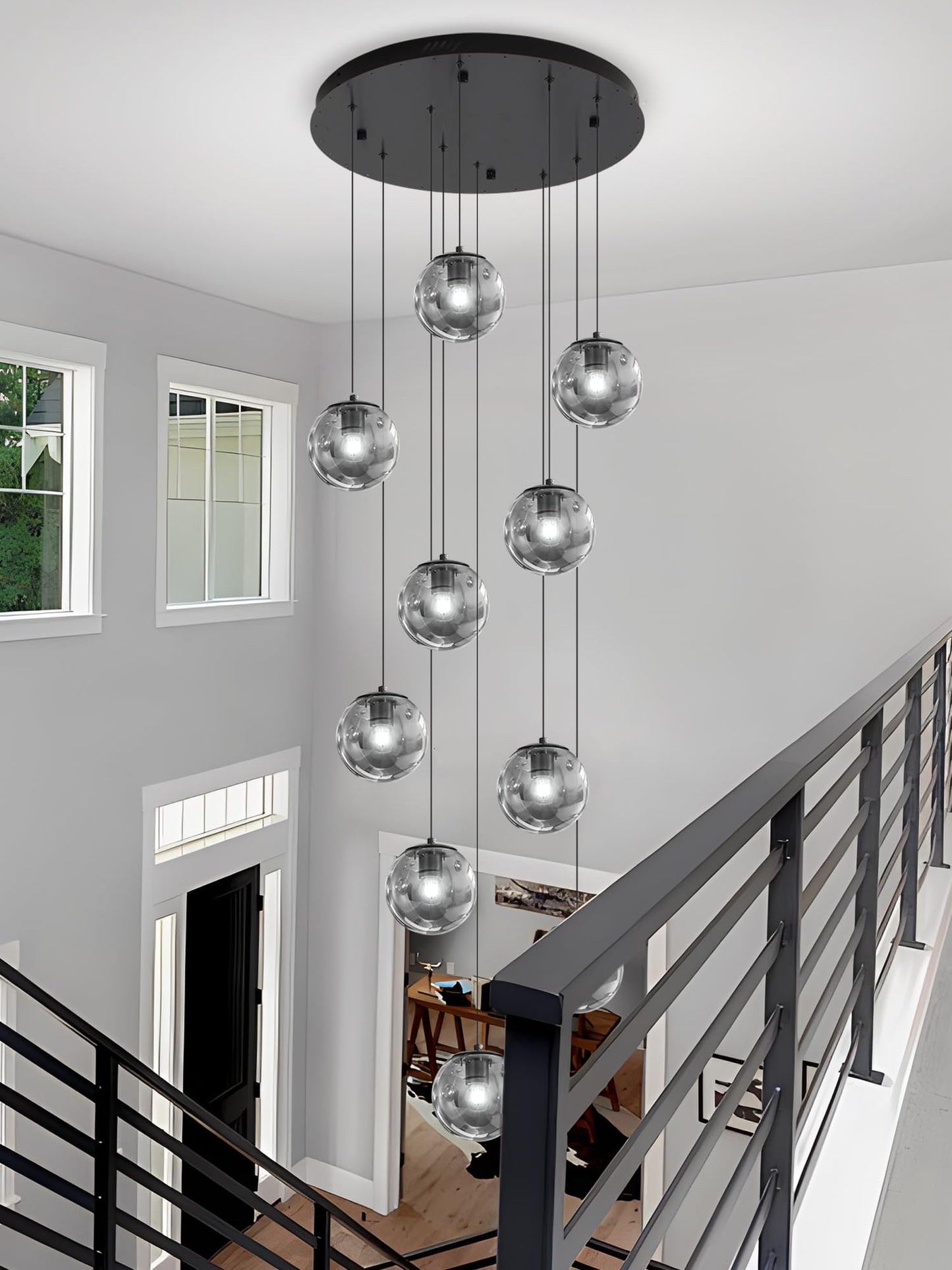 ykolupty H138 Modern Smoke Glass Globe Chandelier Large Chandeliers for High Ceiling 10-Lights Entryway Modern Lighting Fixture Glass Globe Pendant Light for Living Room Foyer Hallway