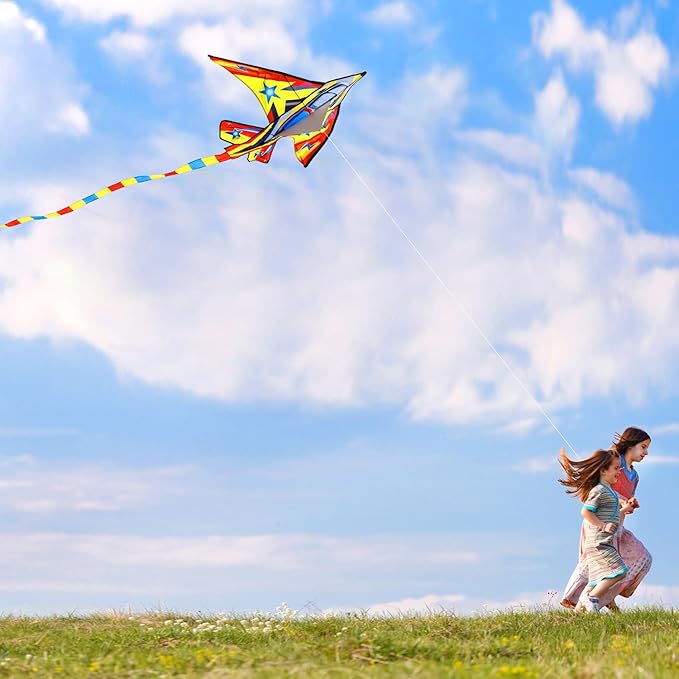 HONBO 58" Fighter Plane - Kite for Kids & Adults, Easy to Fly, Beach Trip Beginner Kite with Reel and 200ft String