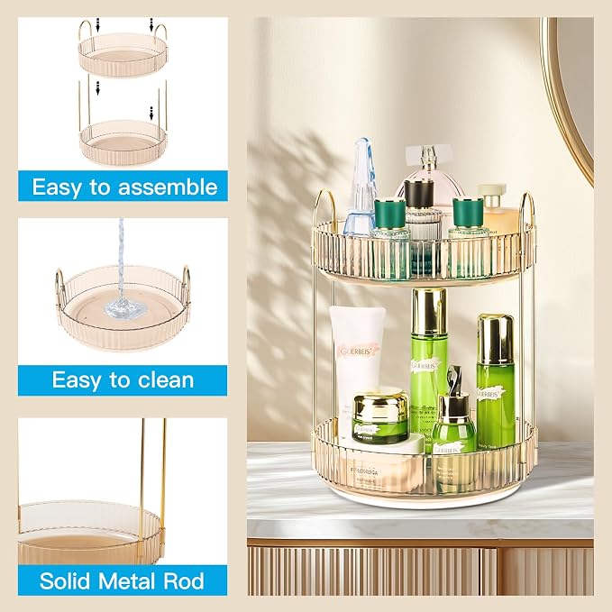 360 Rotating Makeup Organizer - Large Capacity Spinning Perfume & Cosmetic Skincare Holder for Vanity & Countertop (Vibrant Orange, 2 Tier)