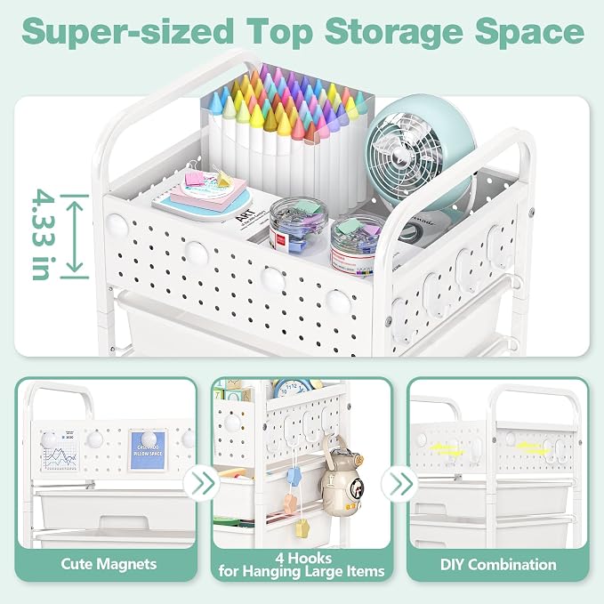 5 Drawer Rolling Storage Cart with Pegboard Top and Hooks, Mobile Utility Organizer with Wheels for Office Supplies, Craft Storage, Classroom Organization, Home Storage Cart, White