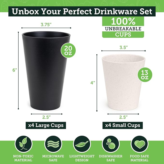 Grow Forward Premium Wheat Straw Cups - 13 & 20 oz Unbreakable BPA Free Hard Plastic Cups - Reusable Lightweight Plastic Drinking Glasses for Kitchen, Outdoor, Water, Camping, RV - Moonlight