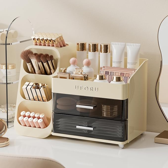 UFORU Makeup Organizer for Vanity with Brush Holder, Large Capacity Bathroom Countertop Skincare Organizer with 2 Drawers, Cosmetic Display Case for Perfumes, Eyeshadow Palettes, Nail Polishes