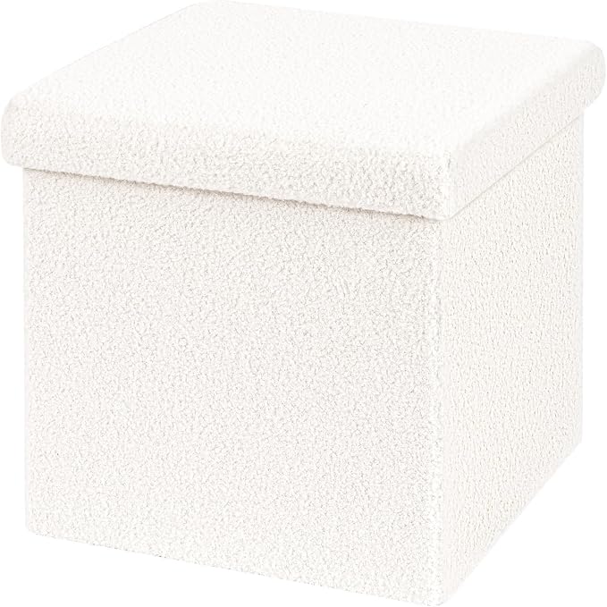 B FSOBEIIALEO Small Storage Ottoman Cube Sherpa Ottomans Foot Rest, Foldable Boucle Ottoman, Faux Teddy Fur, Cream White 15"x15"x15"