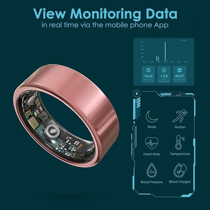 Smart Ring Health Monitoring 5ATM Waterproof Fitness Tracker with Glossy Titanium Surface Blood Oxygen/Sleep/Stress Tracking Women?™s Cycle Prediction Sport Ring Compatible with iOS/Android Black 8