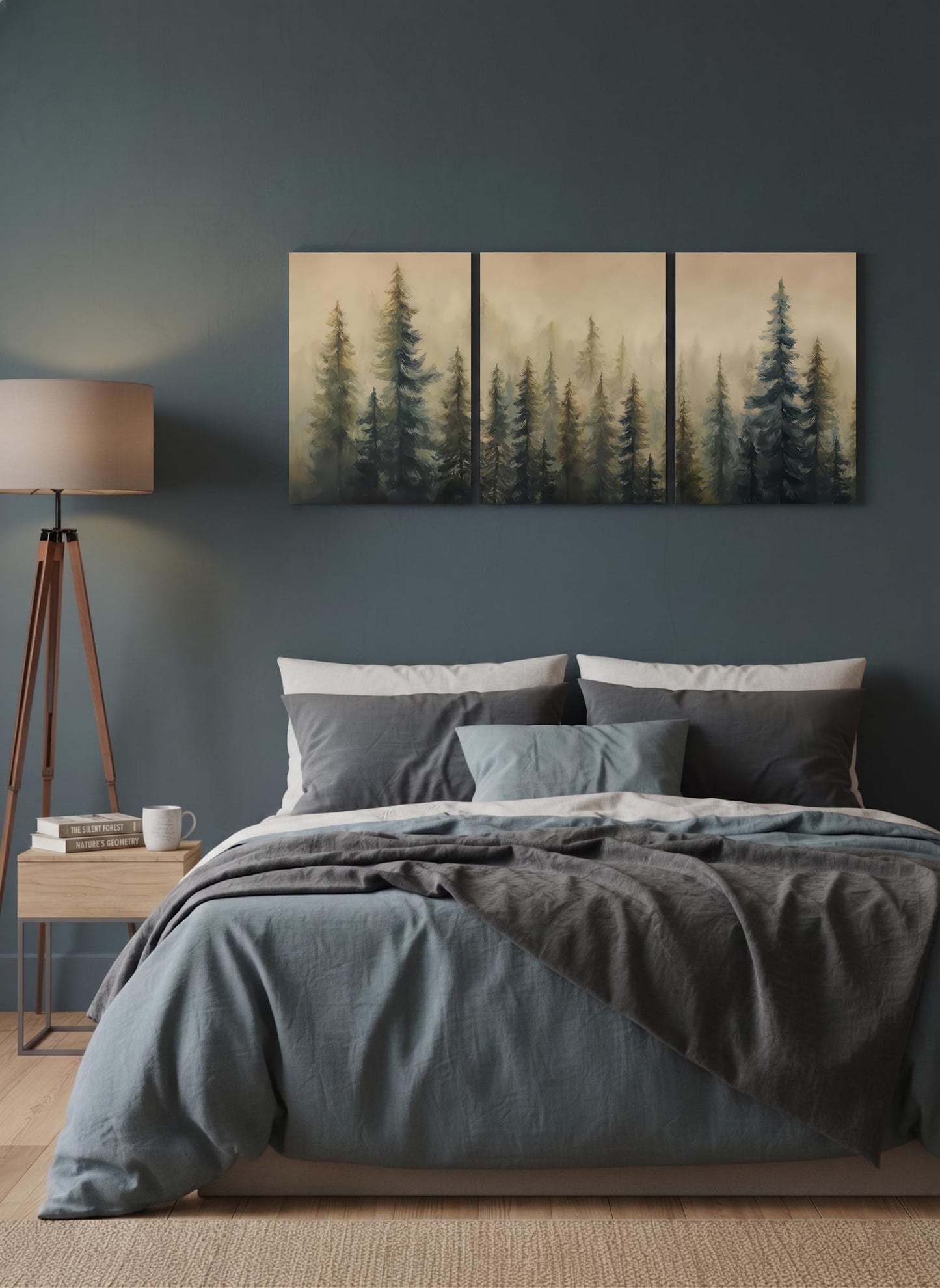 Foggy Forest 3 Piece Canvas Wall Art - Moody Pine Tree Misty Mountain Triptych - Framed Nature Greenery Landscape Prints - Large Modern Farmhouse Woodland Decor for Living Room Bedroom Office - Ready to Hang