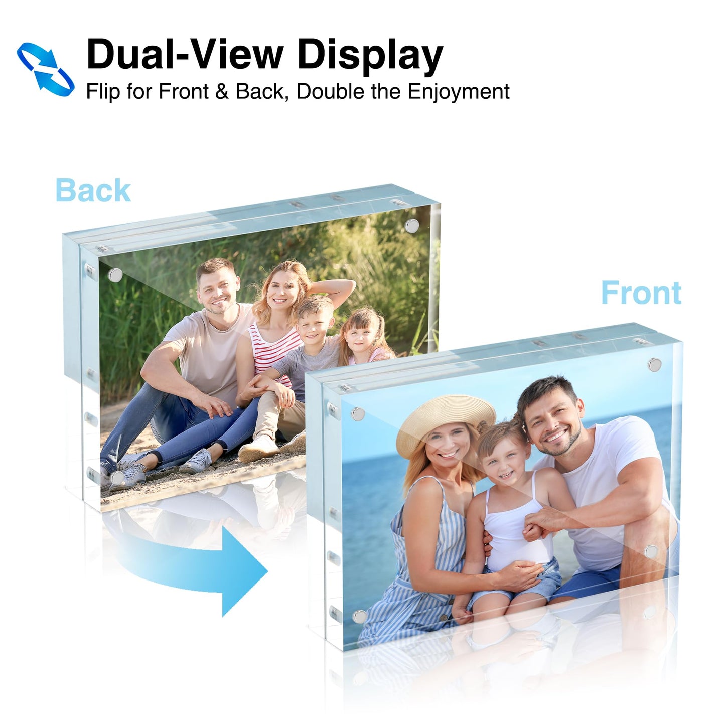 HOUSE DAY Acrylic Picture Frames 5x7, 2 Pack Magnetic 5x7 Picture Frame, Double Sided Clear 5 x 7 Photo Frame with Microfiber Cloth, Frameless FreeStanding 5x7 Frame Gift for Desktop Display