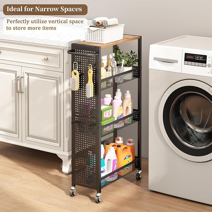 Utility Slim Storage Cart 4 Tier Small Rolling Kitchen Laundry Room Organization Cart with Wood Top Metal Narrow Laundry Room Shelves Cabinet Unit Laundry Organizer Trolley with Handle for Small space