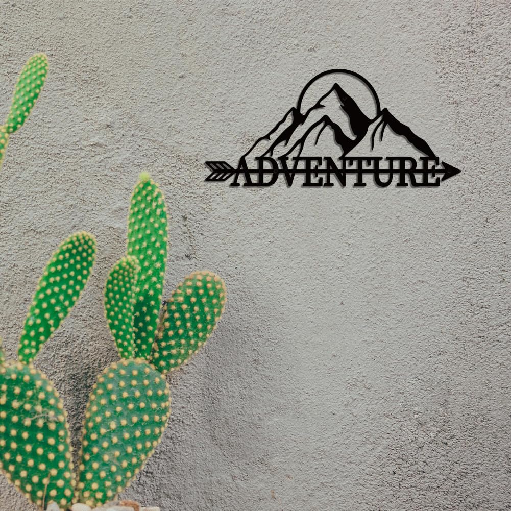 WADORN Metal Mountains Wall Art Decor, Mountains Adventure Metal Wall Art Hanging Decor Signs Adventure Word Wall Sculpture Statues Decor for Home Bedroom Bathroom Office, 6.6x14.9 Inch