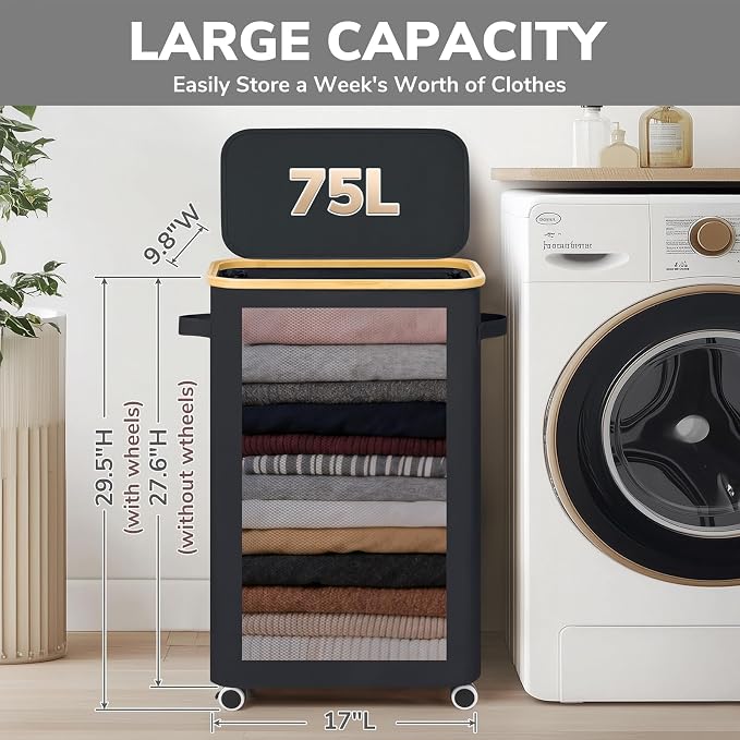 Goodpick Slim Laundry Basket with Wheels and Lid, 75L Rolling Laundry Hamper for Dorm Home Decor, Large Clothes Hamper with Bamboo Frame Removable Bag, Black, 17" x 9.8" x 29.5"