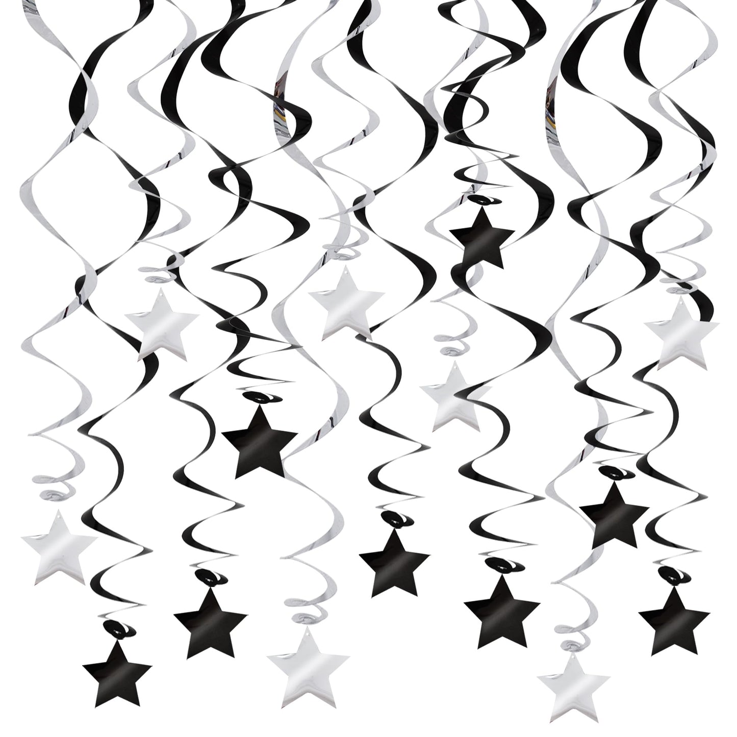 BEISHIDA Black Silver Stars Hanging Swirls Bachelorette Graduation Hanging Ornament Decorations for Birthday Party Supplies Congrats Grade 2026 Graduation Decorations,Pack of 15