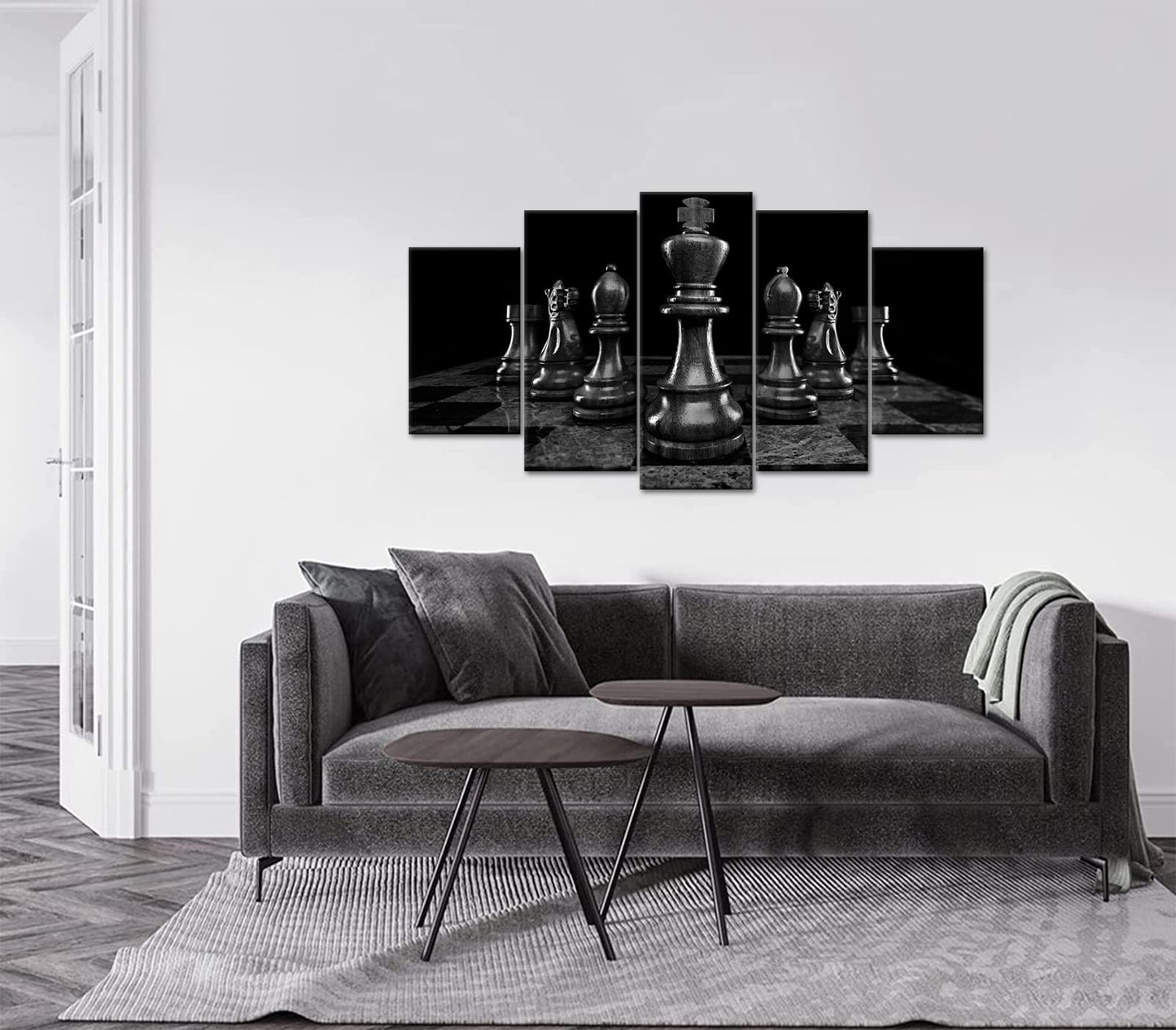 Conipit Chess Canvas Wall Art for Living Room Chess Board Wall Print Black King Knight Painting Chess Setup International Chess Picture Framed 5 Piece(total 60x32 inch)