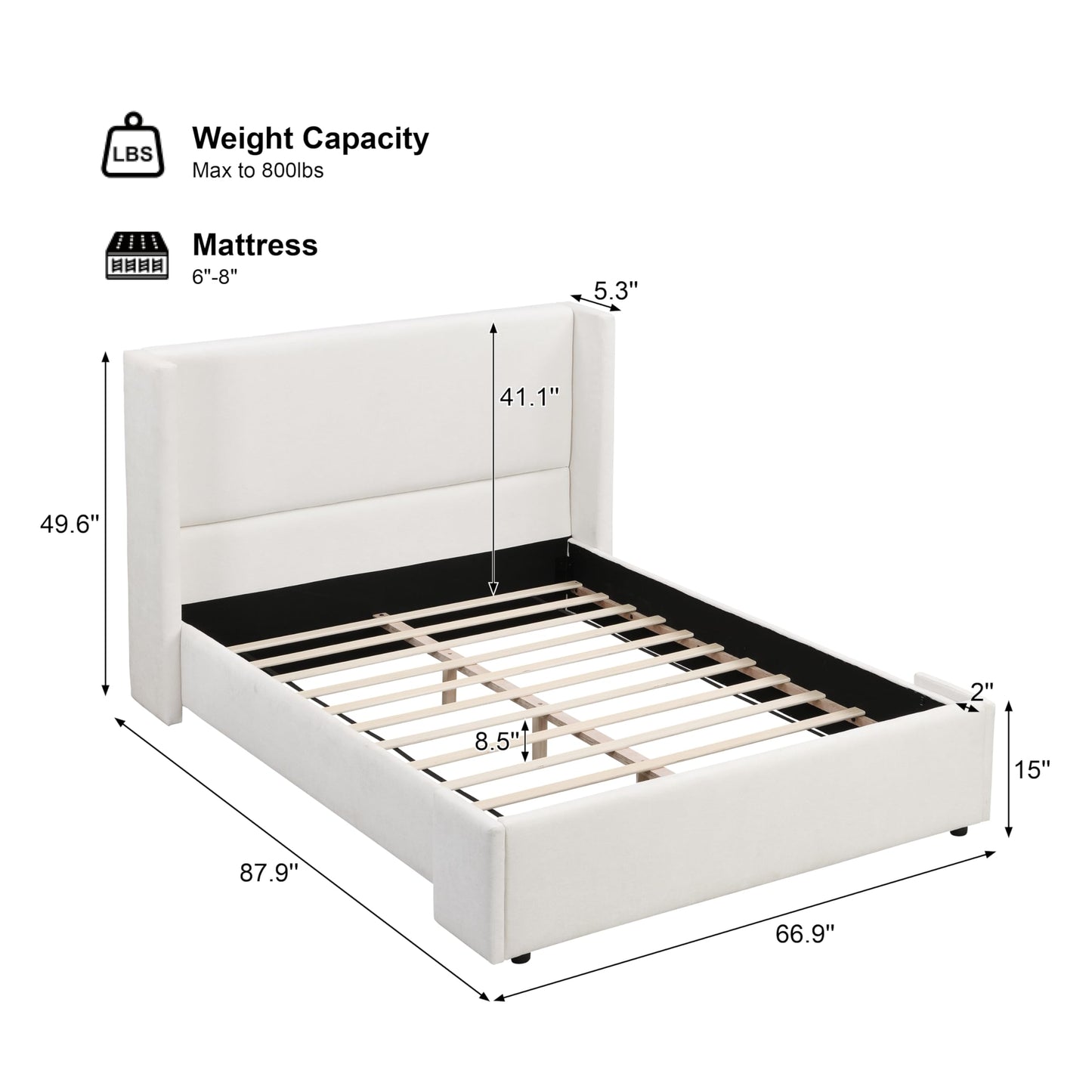 Merax Queen Size Bed Frame, Elegant White Upholstered Platform Bed with 41.1" Tall Wingback Headboard for Bedroom, Solid Wood Slats Support, No Box Spring Needed, Easy Assembly