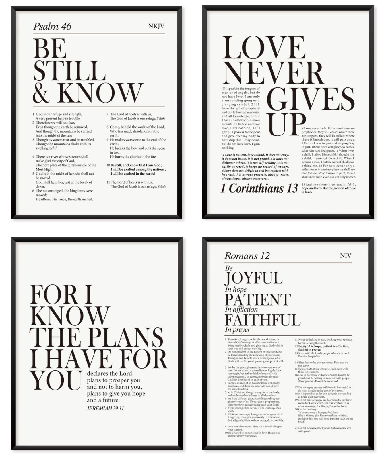 Locomiss Black and White Christian Wall Art Decor, Modern Bible Verse Prints, Minimalist Jesus Scripture Wall Decor, Inspirational Bible Posters for Bedroom Office Living Room, Set of 4 (8x10 Unframed)