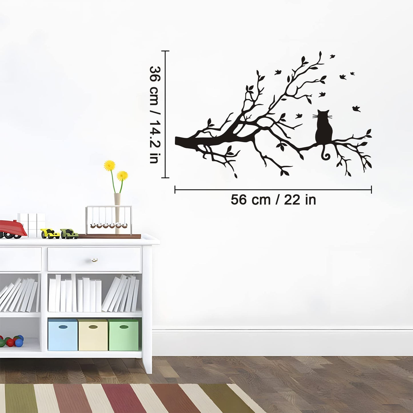 Lnrkai 14.2 x 22in Black Cat on Tree Branches Wall Decor Stickers Nursery Leaves, DIY Removable Wall Art Decal Mural Wallpaper Home Decoration for Living Room, Bedroom, Farmhouse, Bathroom Decor