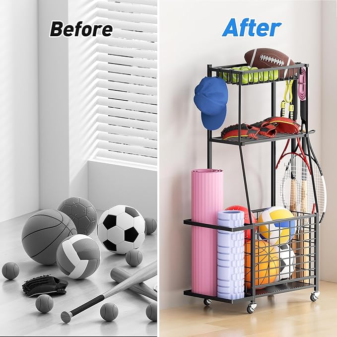 ZHOOGE Sports Equipment Organizer Garage Storage Organization, Garage Organizer Ball Storage Rack Rolling Cart with Basket and Hooks for Toy/Sports Gear Storage Indoor/Outdoor Use, Black