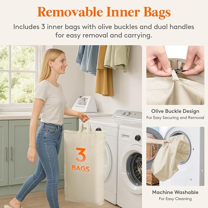 Lifewit 165L Large Laundry Basket with Lid, Laundry Hamper with Plastic Handles and Removable Bag, Foldable Tall Dirty Clothes Hampers for Laundry for Laundry Room, Bedroom, Bathroom, Dorm, Beige