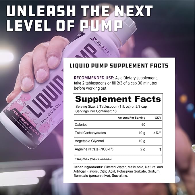 Liquid Pump - Glycerol and Arginine Nitrates for Optimized Pump pre-Workout Liquid Caffeine Free Non stim pre-Workout for Energy and Performance and nictic Oxide Booster | Blue Raspberry Flavor