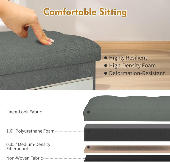 BelugaHelper Small Ottoman with Storage, Foldable Ottoman Foot Rest Stool with Thicker Foam Padded Seat. Linen Storage Bench for Bedroom Living Room, Holds Up to 300 lbs, 17x13x13IN(Black Green)