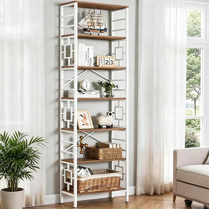 HOMISSUE Bookcase,7-Tier Tall Bookshelf Metal Bookcase and Bookshelves, Free Standing Storage Modern Bookshelf for Home Office Living Room and Bedroom, White