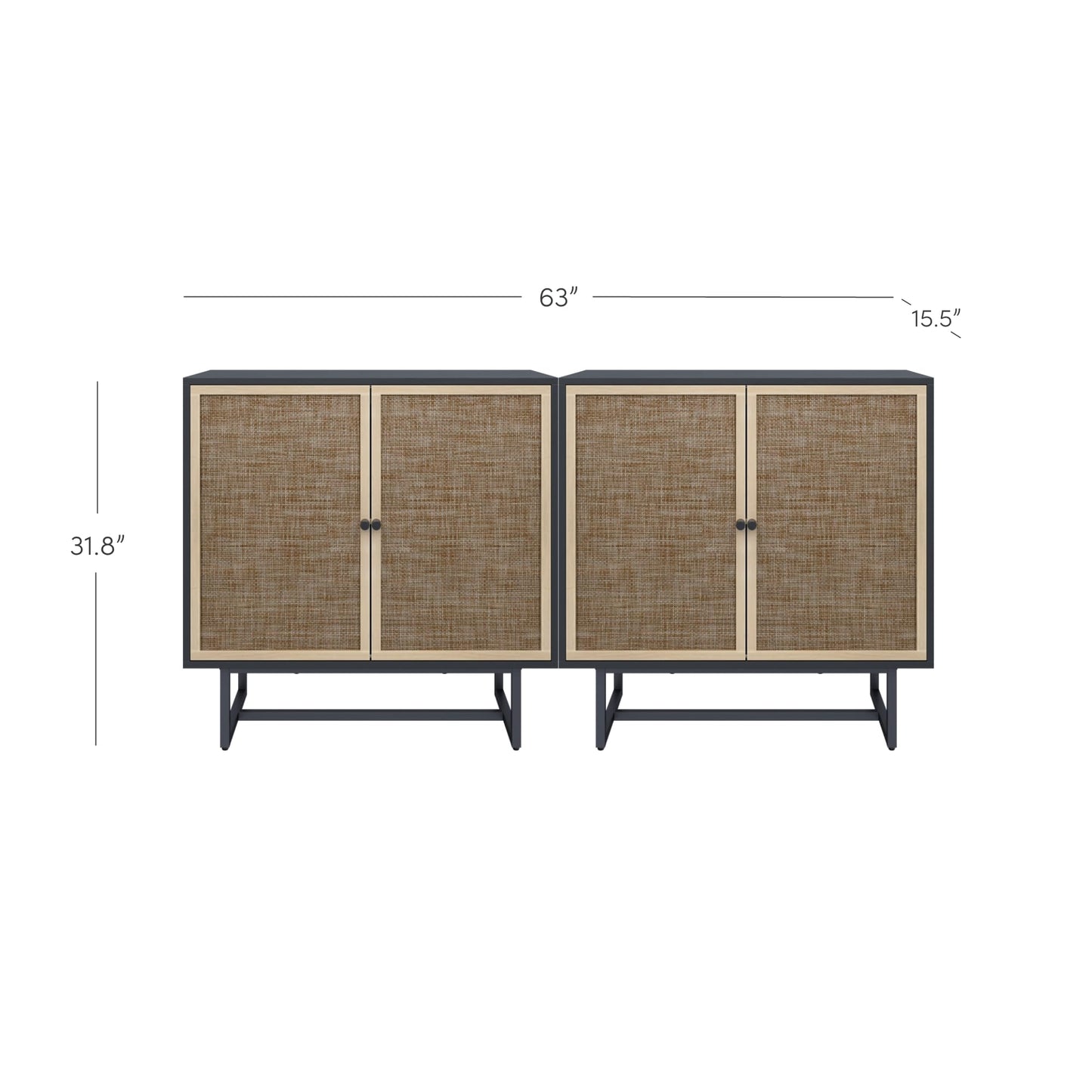 Nathan James Kova Rattan Wood Accent Sideboard Storage Cabinet TV Stand with Matte Metal Frame, Adjustable Shelves and Cane Doors, for Hallway, Entryway or Living Room, Black Oak/Cane, Set of 2