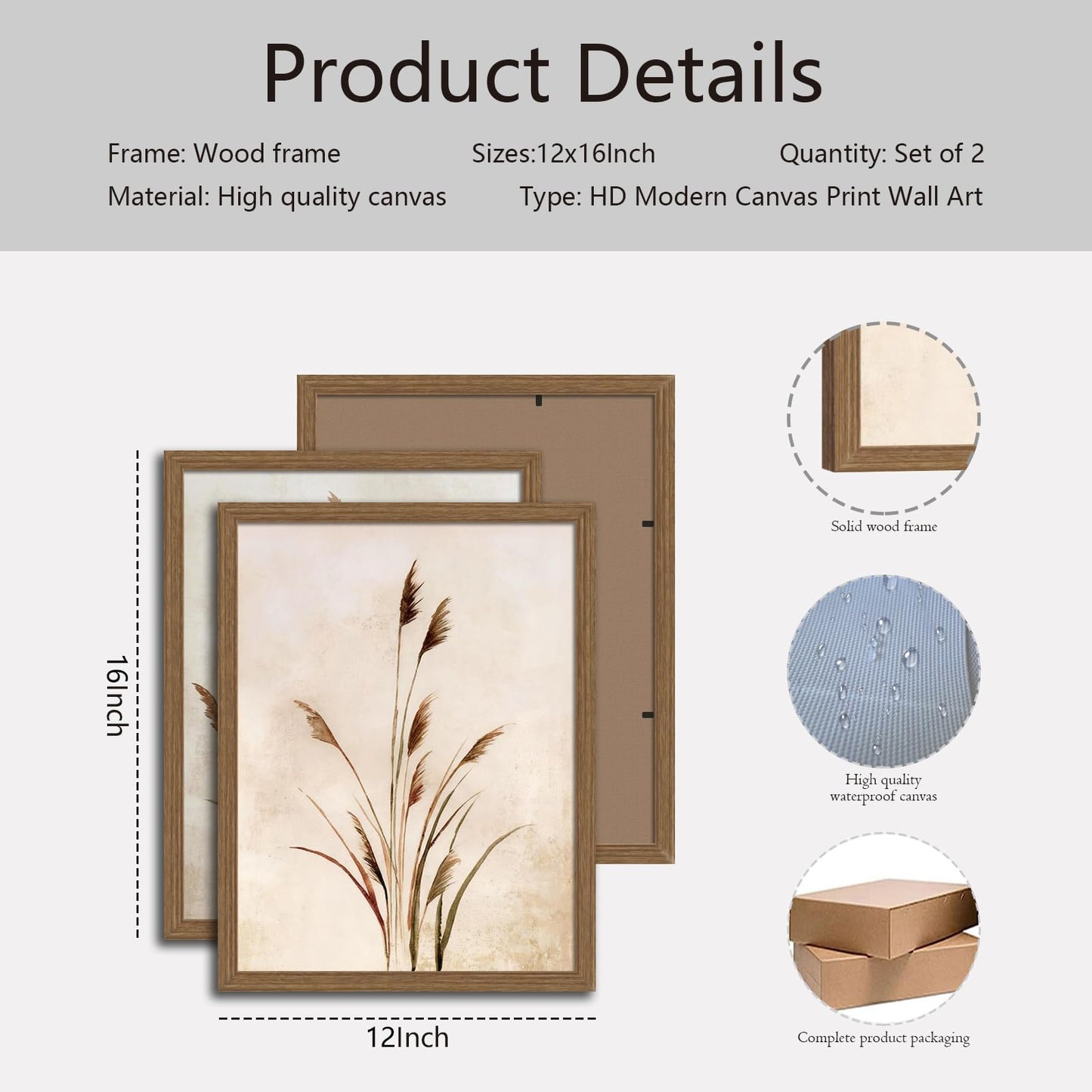 2pcs Framed Bohemian Reed Wall Art,Retro,Country-Style Natural Minimalist Botanical Canvas Painting Suitable For Living Rooms, Bedrooms, And 12 X 16In