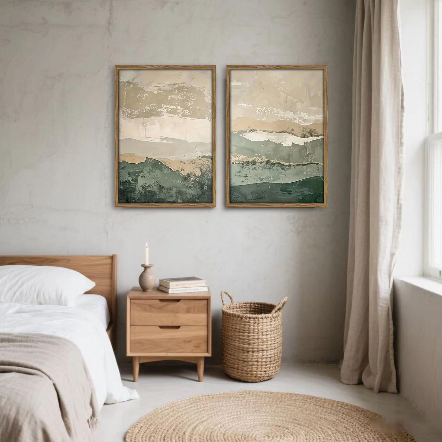 Framed 2Pcs Green Abstract Wall Art with Wood Frame Rustic Landscape Canvas Print Earth Tones Farmhouse Painting Picture Wall Decor for Living Room Bedroom Office12x16 Inches