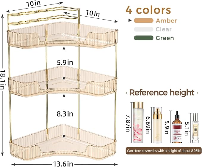 BEFSOP Corner Bathroom Counter Organizer, Upgraded 3-Tier Makeup Organizer Countertop with Makeup Brush Holder, Skincare Exquisite Vanity Organizers Countertop Bathroom Storage Dresser(GOLD)