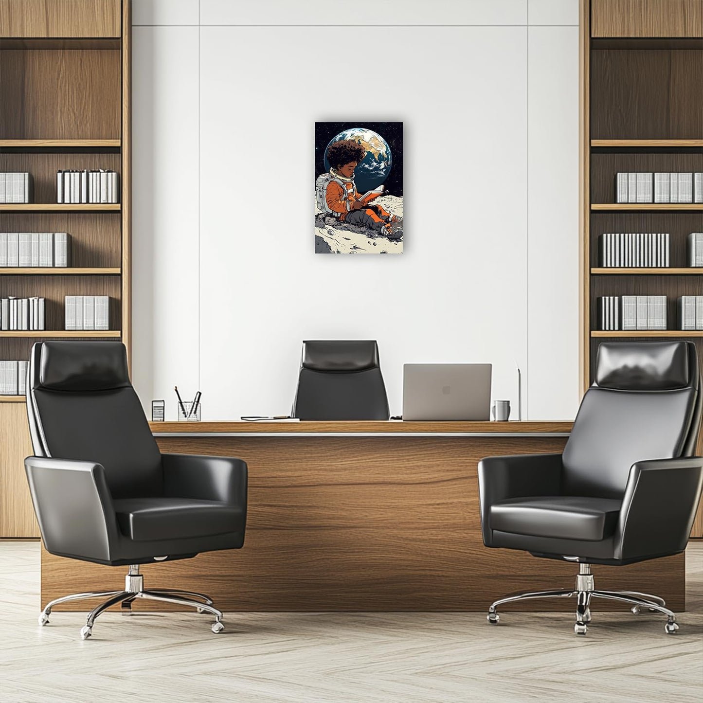 CHAOSETKEN African American Wall Art Astronaut Painting Black Boy Reading on the Moon Canvas Prints Space Themed Pictures for Office Decor Framed (12.00" x 18.00")
