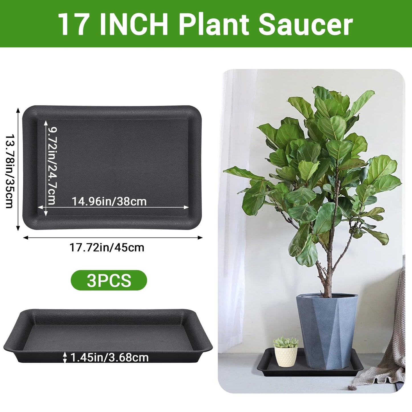 GREANER 17 Inch Plastic Plant Saucer, Black Trays for Plants, Flower Pot No Holes Plant Drip Trays, Heavy Duty Plastic Plant Saucers for Indoors Outdoors