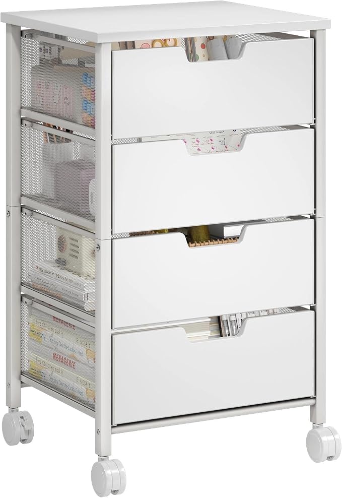 Rolling Cart with Drawers, Wooden Top and Front, with Wheels Metal Under Desk Storage Cart with 4 Drawers, for Office, Bedroom, Classroom, Home, White