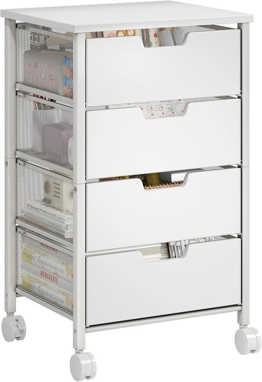 Rolling Cart with Drawers, Wooden Top and Front, with Wheels Metal Under Desk Storage Cart with 4 Drawers, for Office, Bedroom, Classroom, Home, White
