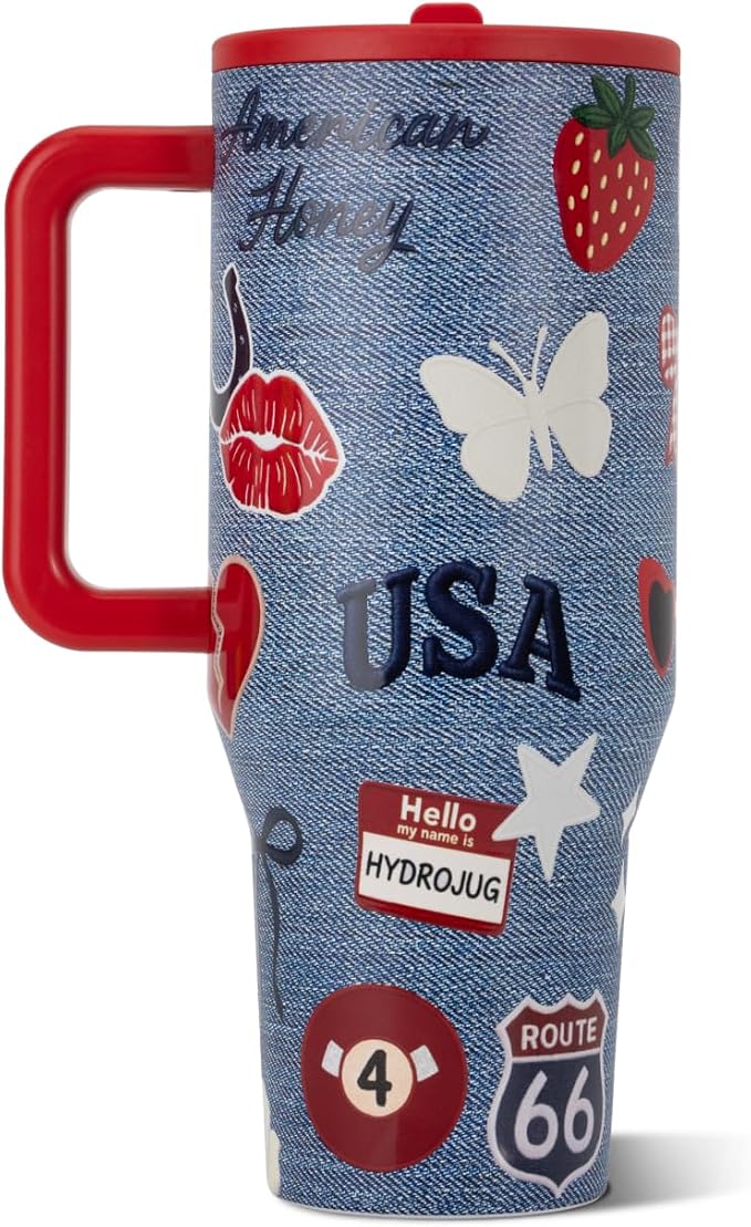 HydroJug Traveler - 32 oz Water Bottle with Handle & Flip Straw - Fits in Cup Holder, Leak Resistant Tumbler-Reusable Insulated Stainless Steel & Rubber Base - Gifts for Women & Men, American Honey