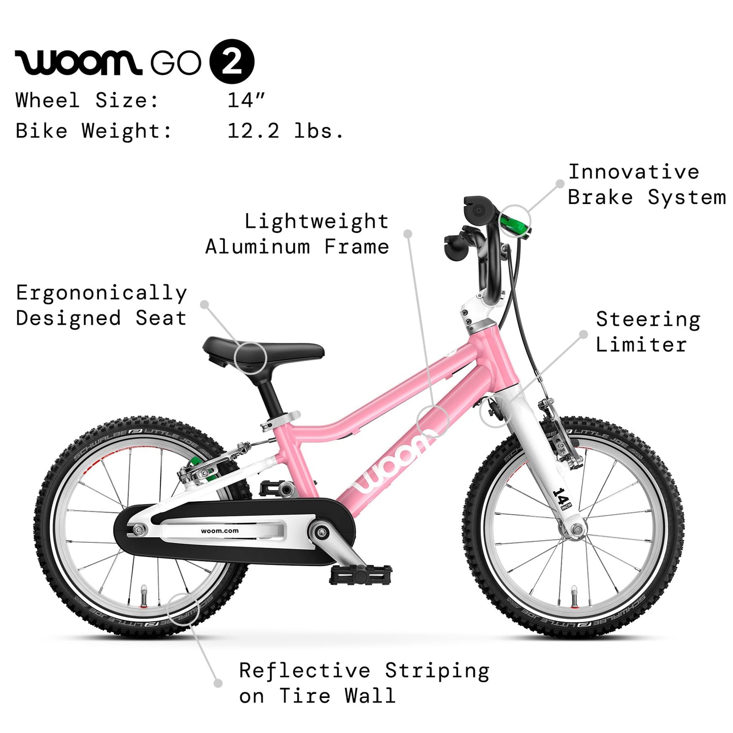 woom GO 2 Bicycle for Children 3 to 4.5 Years Old, 14-Inch Lightweight Bike with Handbrake, Steering Limiter & Chainguard for Boys & Girls - Powder Pink