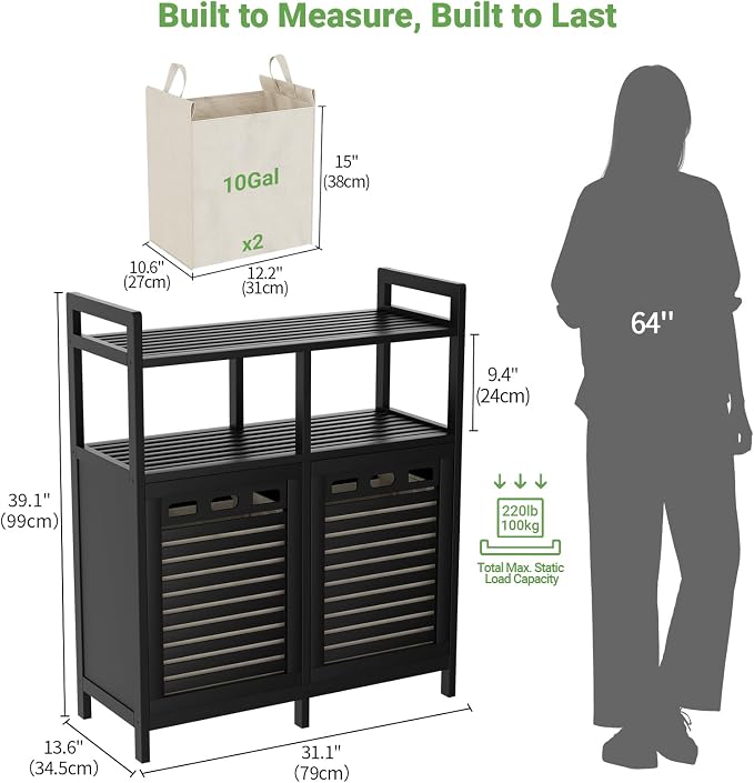 Homykic Tilt Out Laundry Hamper Cabinet, Bamboo Double Laundry Hamper with 2 Removable Laundry Baskets, 20 Gal Laundry Sorter Organizer with Shelf for Dirty Clothes, Bathroom, Laundry Room, Black