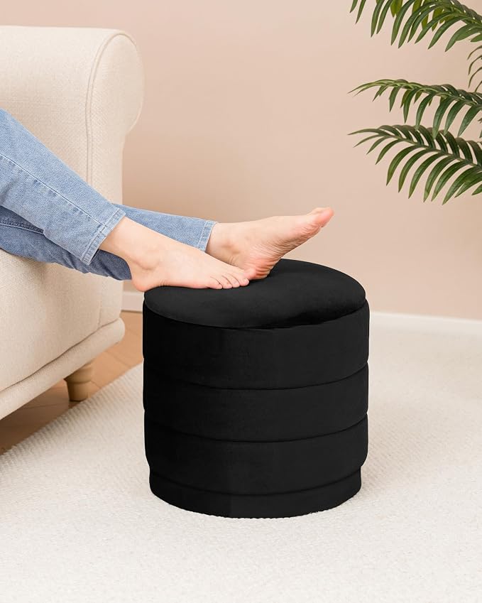 B FSOBEIIALEO Round Velvet Storage Ottoman with Tray, Folding Ottoman with Storage Coffee Table Foot Rest for Dorm Room, Living Room Black, 15.35"x15.35"x14.57"