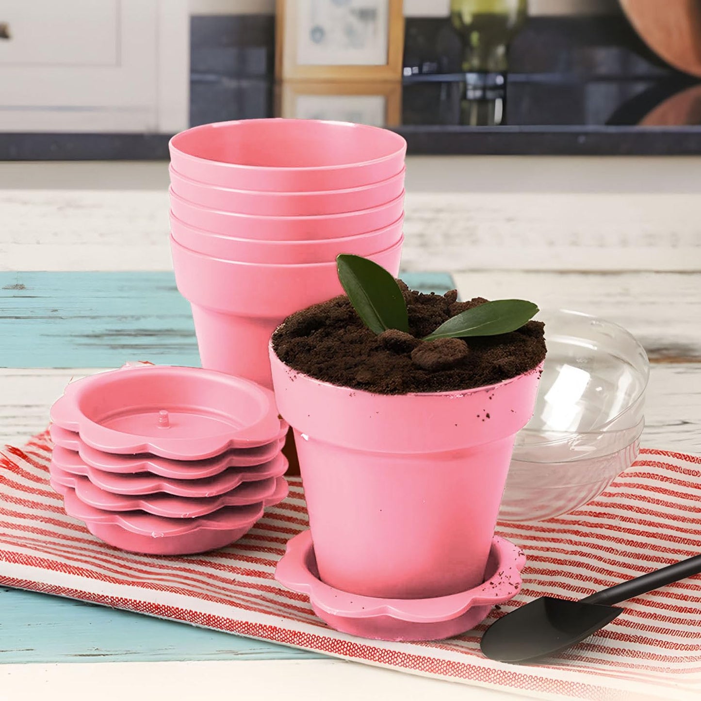 20 Pcs Nursery Pots with Humidity Dome, Cupcake Plant Nursery Pots with Bring A Plate and Shovel, Planting Cups for Seeds for Indoor Gardening and Plant Propagation(Pink)