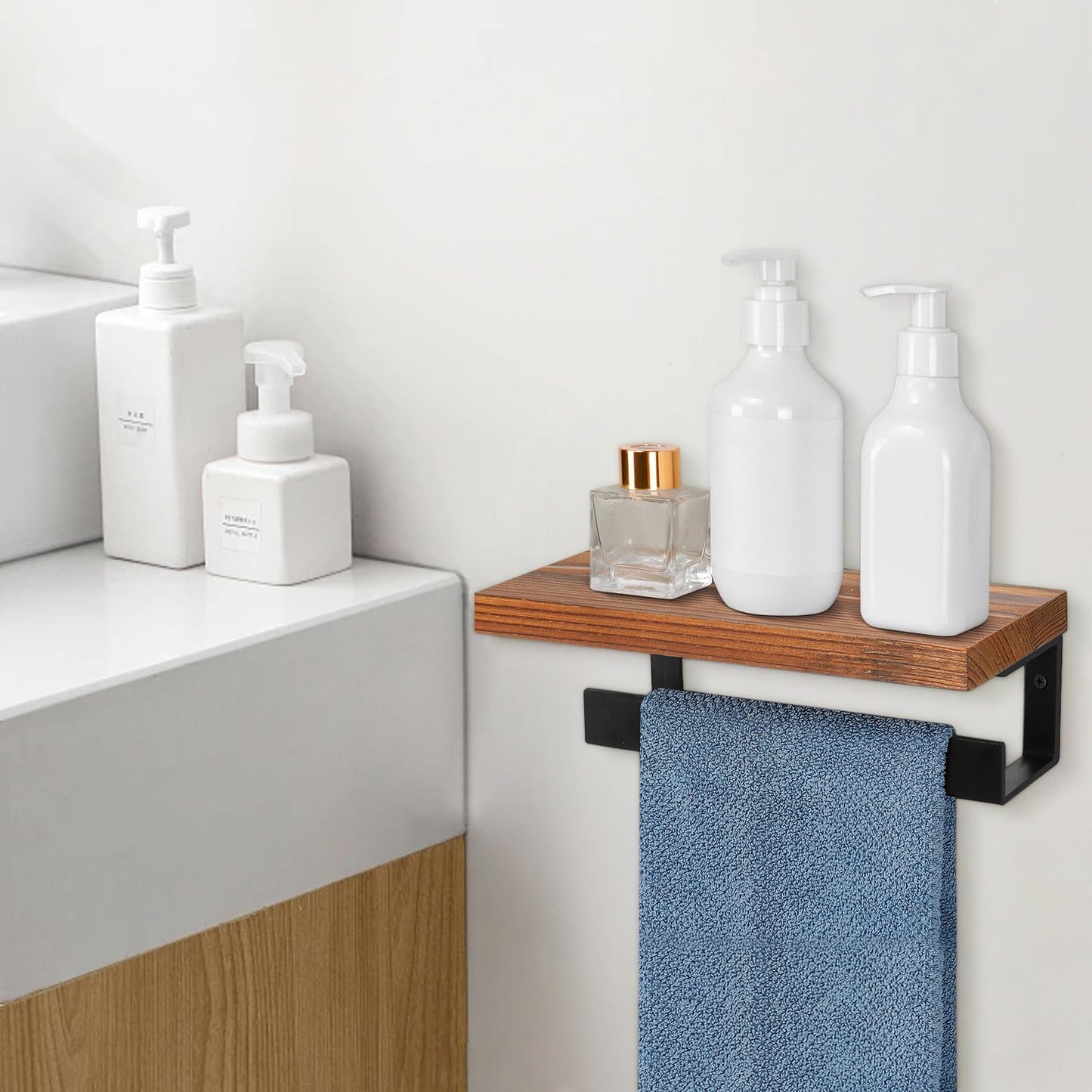 Winmien Hand Towel Holder/Towel Ring with Wooden Shelf, Hand Towel Rack, Hand Towel Hanger for Bathroom, Bath Accessories Wall Mounted, Matte Black (9"-Squ Shaped)