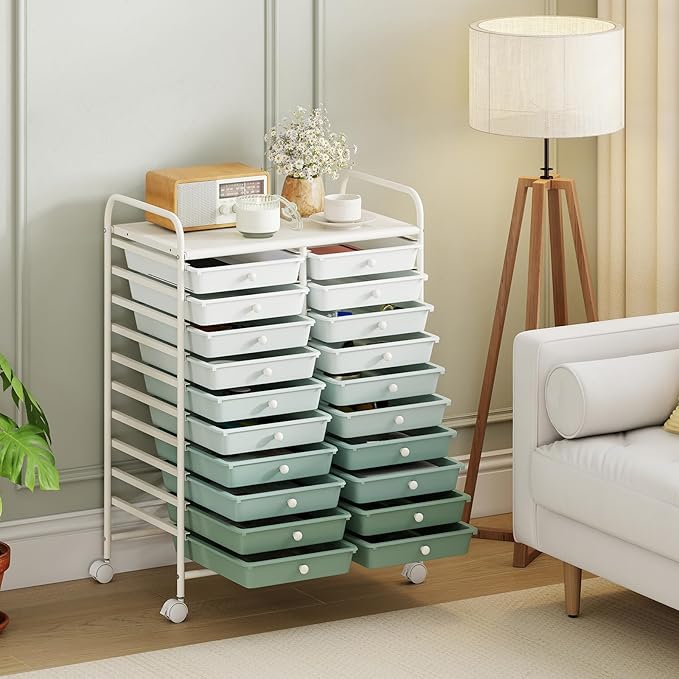 Giantex 20 Drawers Rolling Cart, Mobile Storage Drawer Cart, Classroom Organizer Cart for Office School Supplies Tools Scrapbook Paper Craft Small Printer, Utility Cart on Wheels, Green Gradient