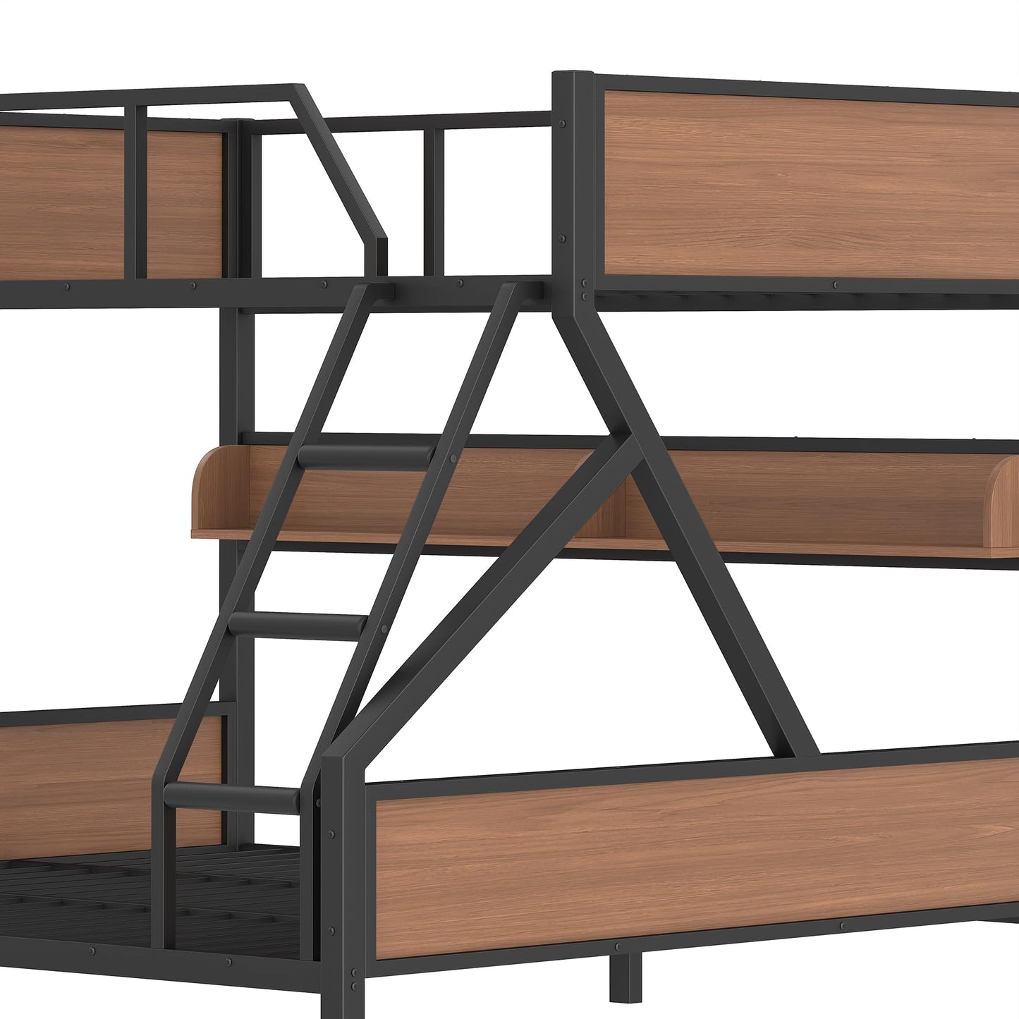 Bellemave Queen Over King Bunk Bed with Storage Shelf & LED Lights, Heavy Duty Metal Bunk Bed Frame with Guardrails & Ladder, No Box Spring Needed, Black