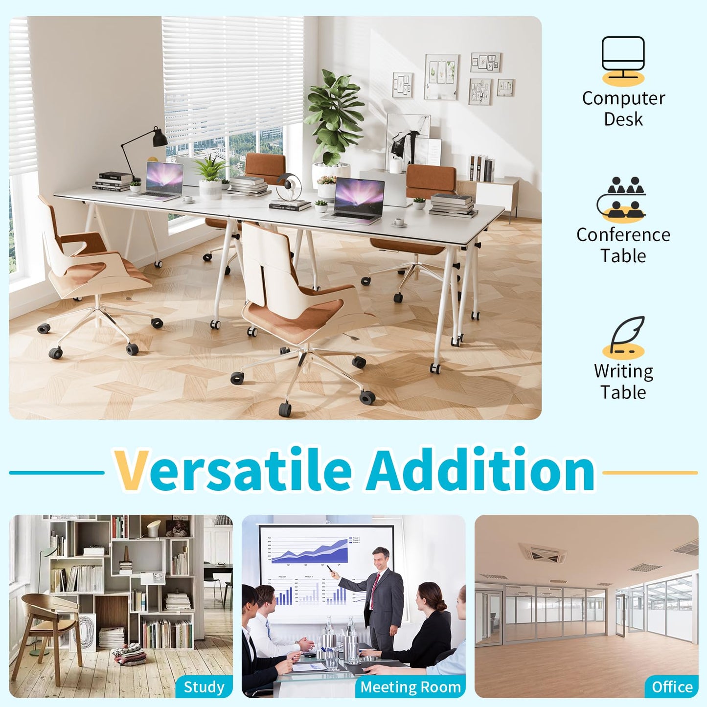 Conference Table with Wheels, Folding Conference Table with Knob & 4 Brake Casters, Modular Flip Top Mobile Conference Room Table for Office, Meeting, Training Room, Class (8, White, 55.1in)