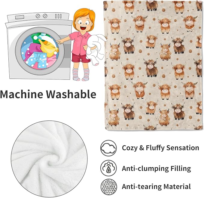 Cute Highland Cow Blanket,Adorable Cartoon Farm Animal Throw Blankets,Gifts for Kids,Lightweight Soft Fleece,for Picnic Sofa Couch Bed Room Travel,Birthday Rustic Farmhouse Decor,50x60in