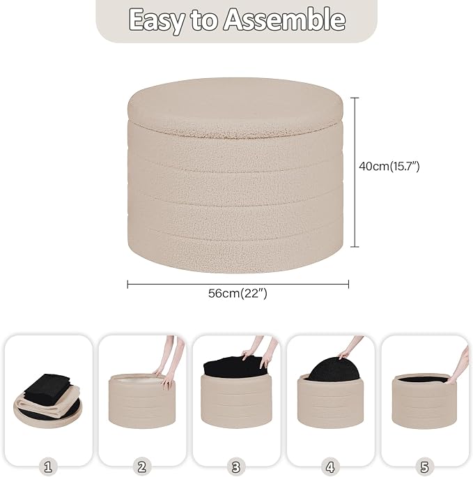 PINPLUS Round Ottoman with Stroage, Boucle Storage, Foot Stool Foldable Coffee Table Ottoman for Living Room, Bedroom, Dorm (Beige)