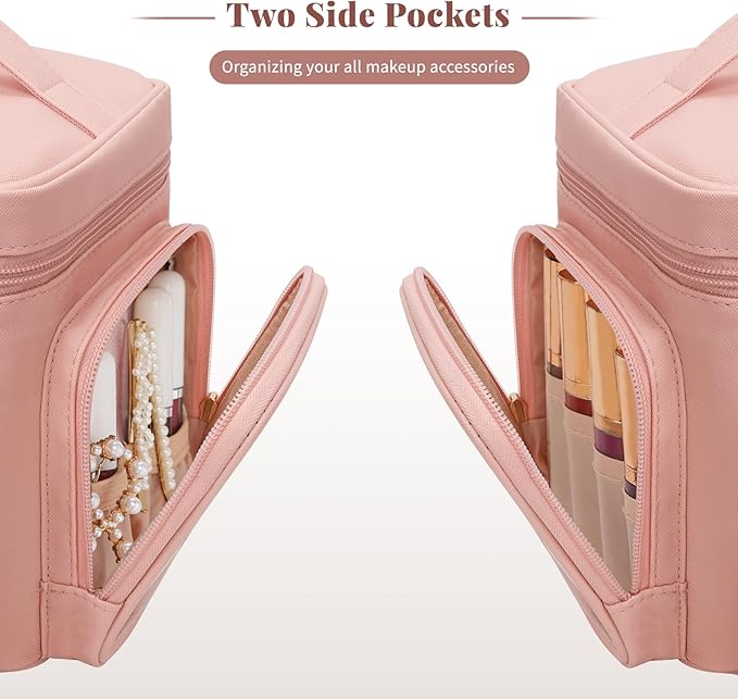 Large Makeup Bag with LED Mirror, Travel Makeup Bag Organizer for Women Girls with Makeup Brush Compartment & Two Side Pockets, 3 Color Lights Cosmetic Toiletry Bag- Leather Pink