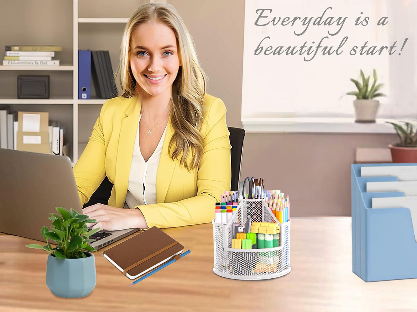 RURYEURT Sturdy Rotating Pen Holder, Cute Metal Pencil Holder, Large Mesh Pen Organizer for Desk, Premium Friendly Office Desk Accessories & Workspace Organizers, White