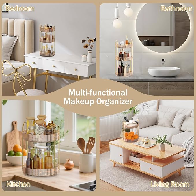 MOKANI 360 Rotating Makeup Organizer for Vanity, 2 Tier Adjustable Perfume Organizer for Dresser, Multi-Function Spinning Cosmetics Skincare Storage for Bedroom, Dresser, Countertop, Amber