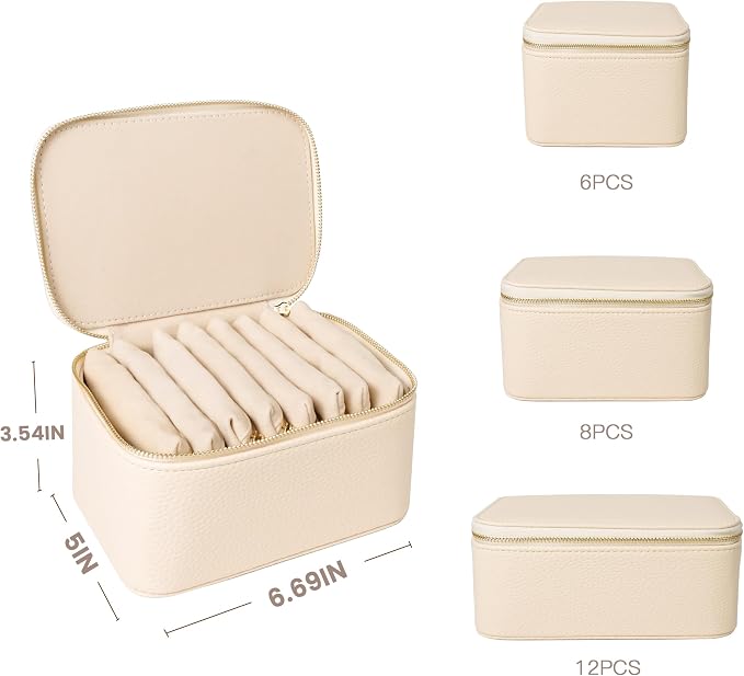 Travel Jewelry Case, Small Travel Jewelry Box with 8 Velvet Jewelry Bag Mini Pouch, Portable Travel Jewelry Organizer for Rings Earrings Necklaces (Beige 8 Pcs)