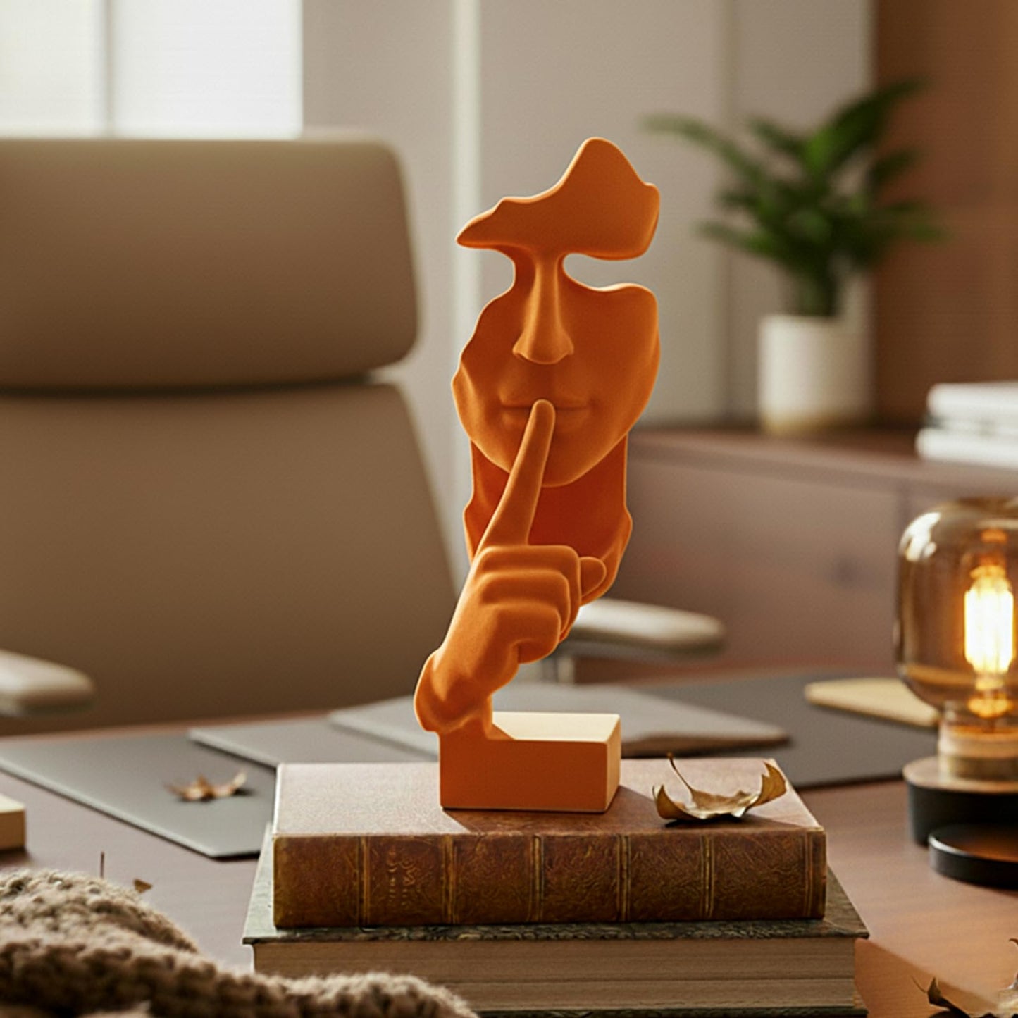FOLKOR LIFE Velvet Flocked Thinker Sculpture for Room Decor, Flocked Mask Collectible Figurines Modern Abstract Art Statue for Home, Bookshelf, Office, Desk Decor (Orange)