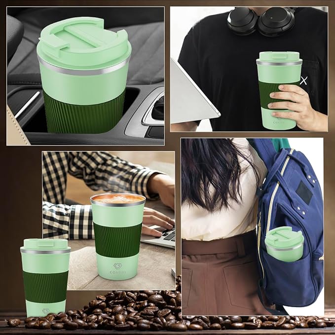 CS COSDDI 12 oz Stainless Steel Vacuum Insulated Tumbler - Coffee Travel Mug Spill Proof with Lid - coffee Cup for Keep Hot/Ice Coffee,Tea and Beer (3rd Light green)